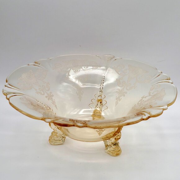 Vintage Heisey Etched Glass Sahara Yellow Empress Dolphin Three Footed Bowl 11" - Picture 4 of 11